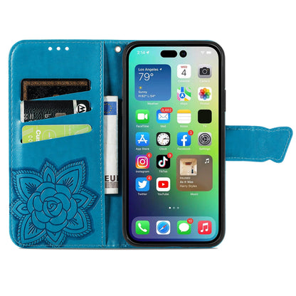 ELECTROPRIME For iPhone 15 Butterfly Love Flower Embossed Leather Phone Case(Blue)