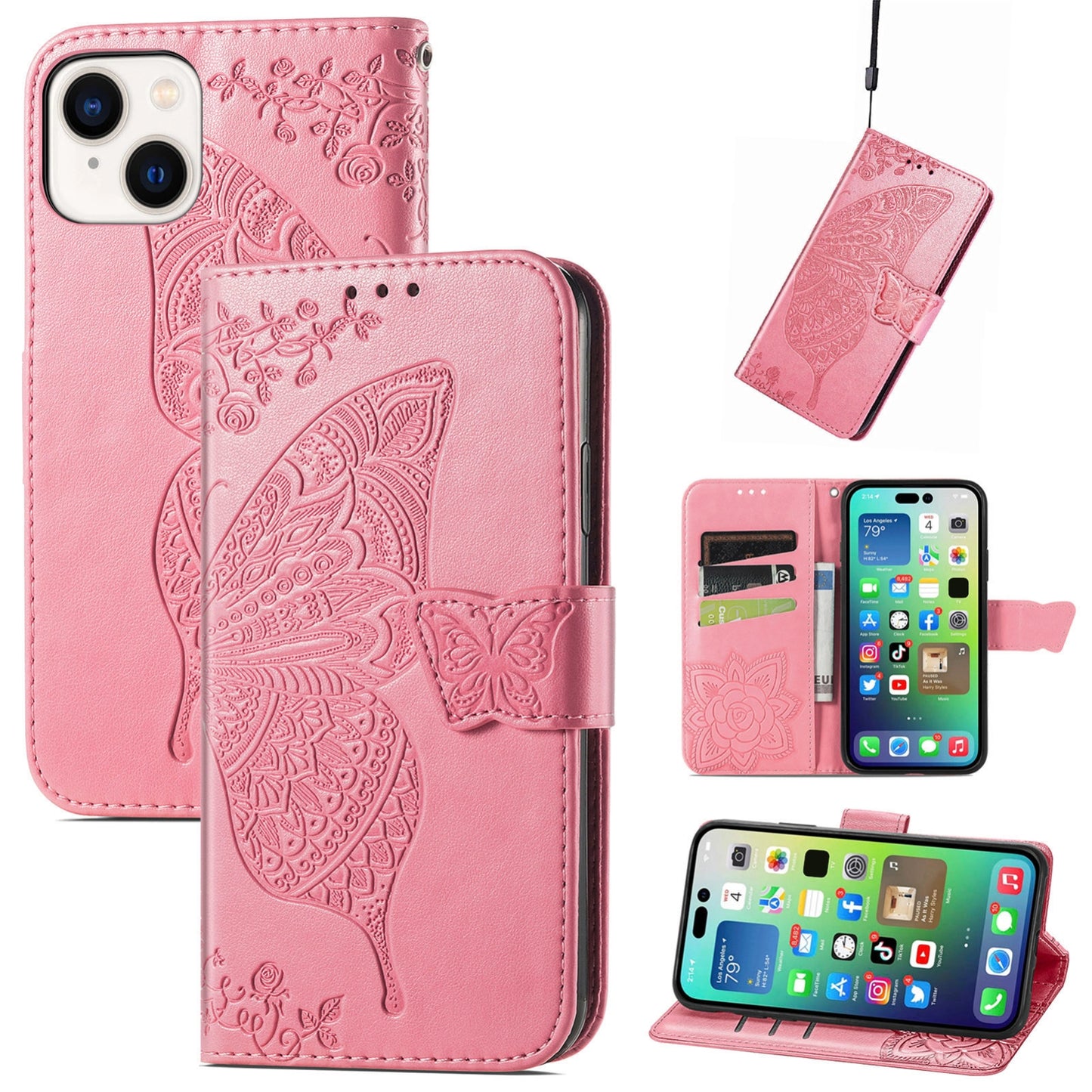 ELECTROPRIME For iPhone 15 Butterfly Love Flower Embossed Leather Phone Case(Pink)
