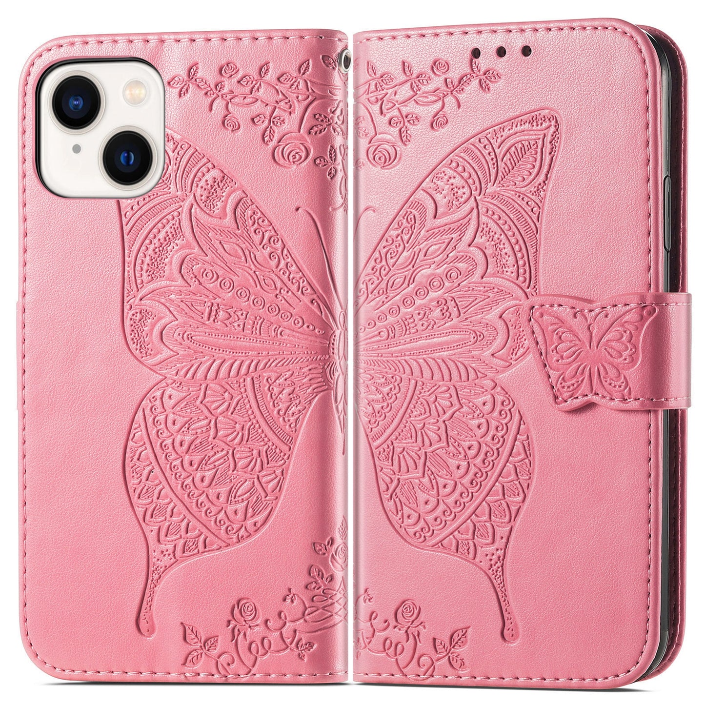 ELECTROPRIME For iPhone 15 Butterfly Love Flower Embossed Leather Phone Case(Pink)
