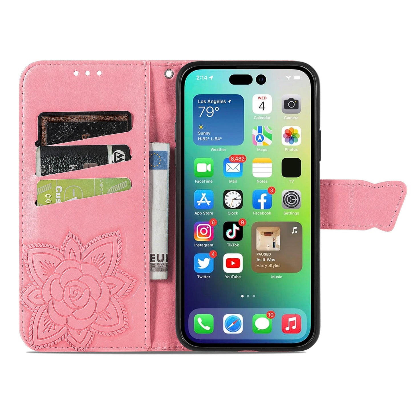 ELECTROPRIME For iPhone 15 Butterfly Love Flower Embossed Leather Phone Case(Pink)