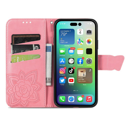ELECTROPRIME For iPhone 15 Butterfly Love Flower Embossed Leather Phone Case(Pink)