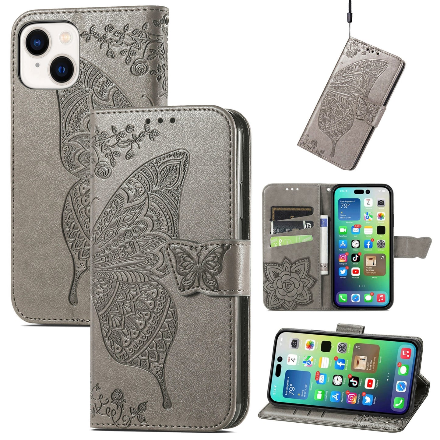 ELECTROPRIME For iPhone 15 Butterfly Love Flower Embossed Leather Phone Case(Gray)