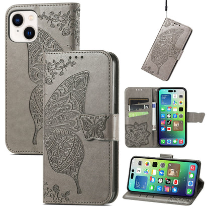 ELECTROPRIME For iPhone 15 Butterfly Love Flower Embossed Leather Phone Case(Gray)