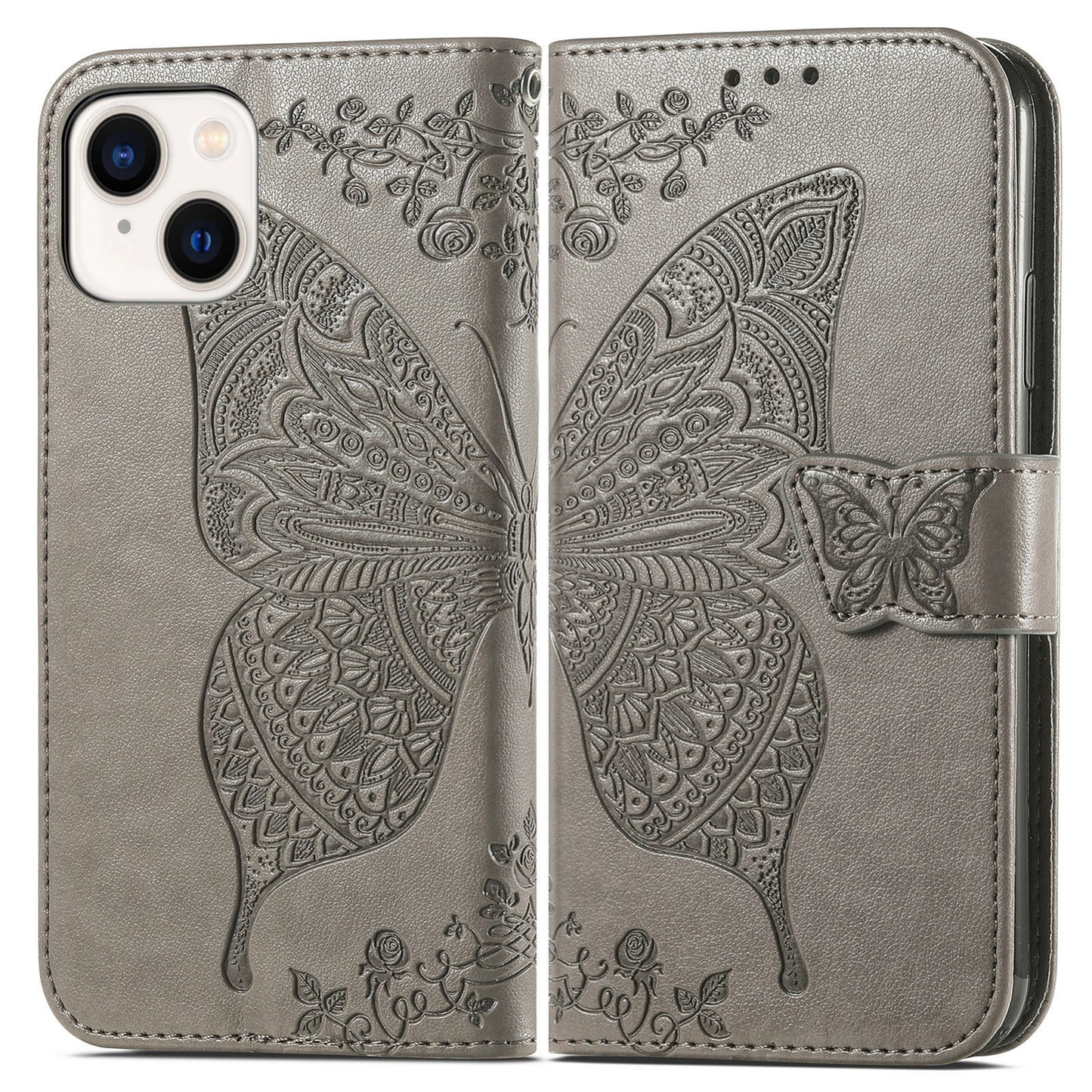 ELECTROPRIME For iPhone 15 Butterfly Love Flower Embossed Leather Phone Case(Gray)