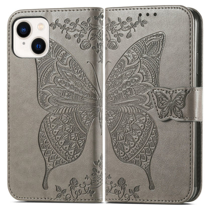 ELECTROPRIME For iPhone 15 Butterfly Love Flower Embossed Leather Phone Case(Gray)