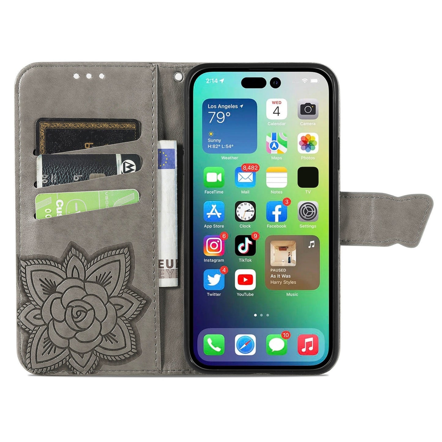 ELECTROPRIME For iPhone 15 Butterfly Love Flower Embossed Leather Phone Case(Gray)
