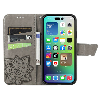 ELECTROPRIME For iPhone 15 Butterfly Love Flower Embossed Leather Phone Case(Gray)