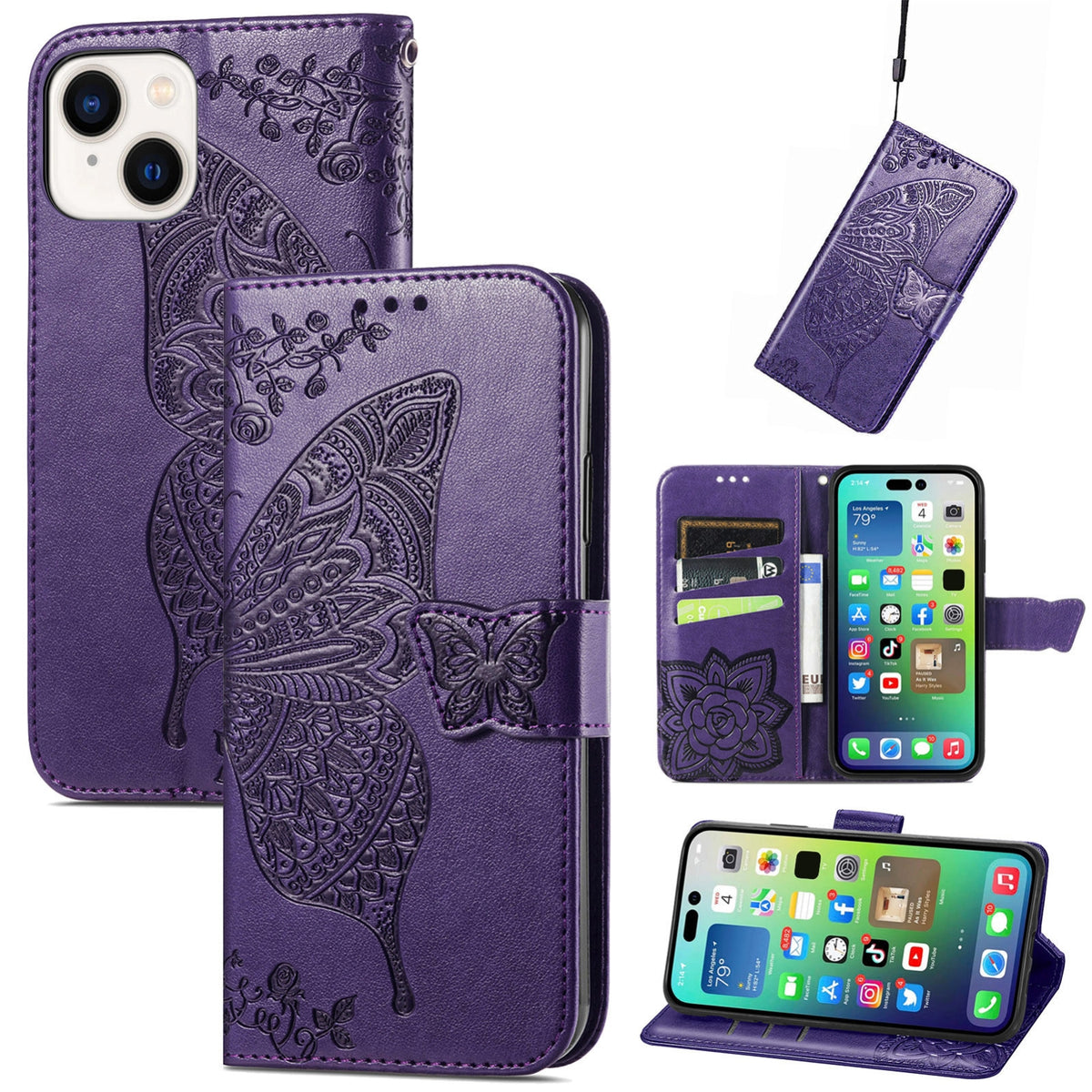 ELECTROPRIME For iPhone 15 Plus Butterfly Love Flower Embossed Leather Phone Case(Dark Purple)