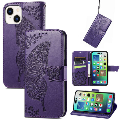 ELECTROPRIME For iPhone 15 Plus Butterfly Love Flower Embossed Leather Phone Case(Dark Purple)