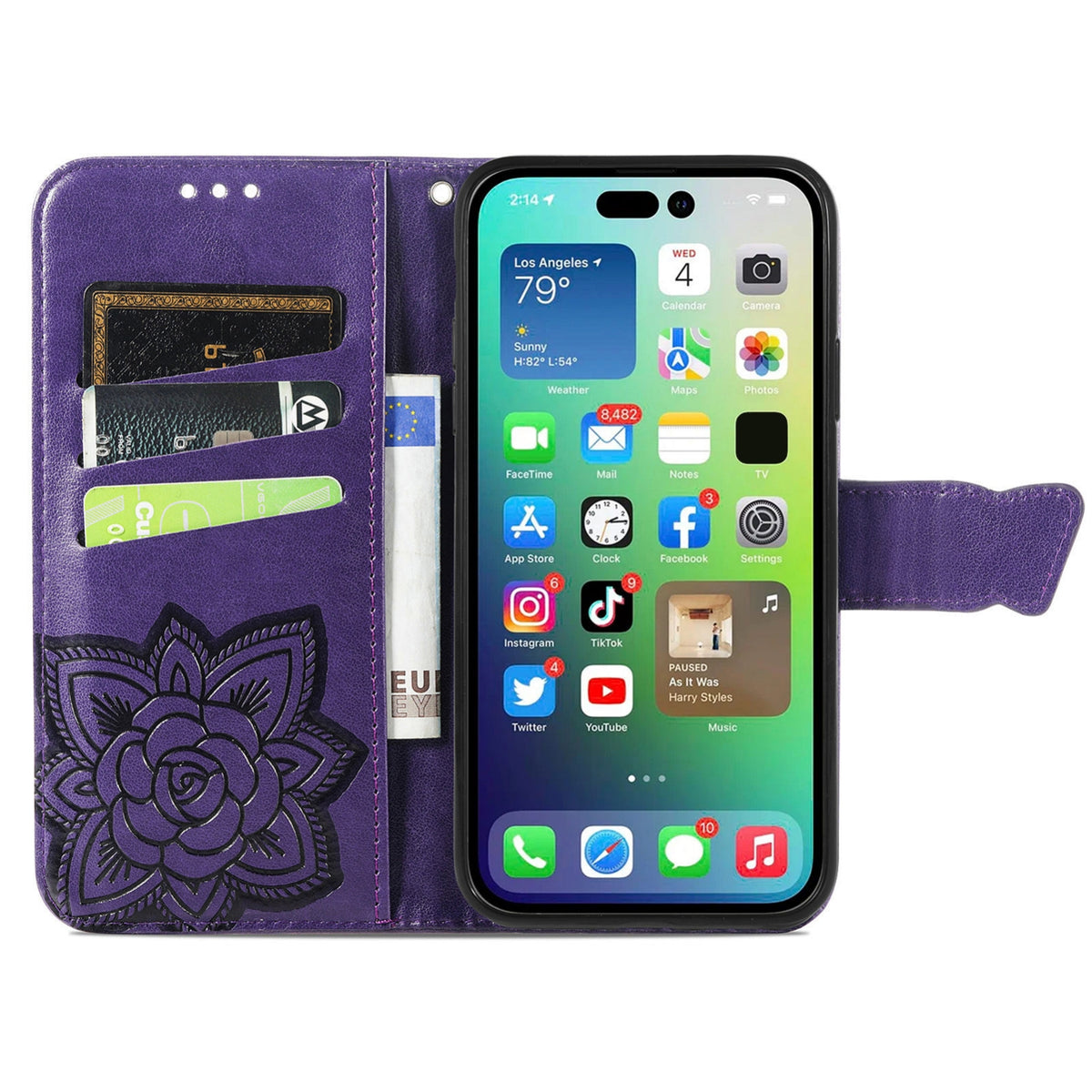 ELECTROPRIME For iPhone 15 Plus Butterfly Love Flower Embossed Leather Phone Case(Dark Purple)