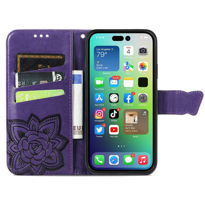 ELECTROPRIME For iPhone 15 Plus Butterfly Love Flower Embossed Leather Phone Case(Dark Purple)