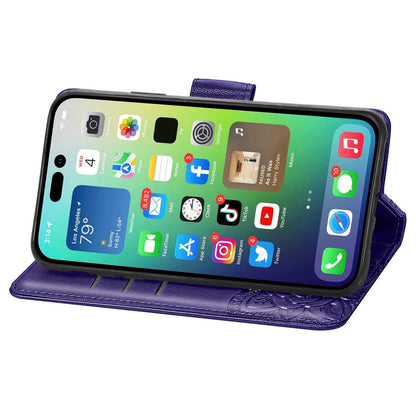 ELECTROPRIME For iPhone 15 Plus Butterfly Love Flower Embossed Leather Phone Case(Dark Purple)