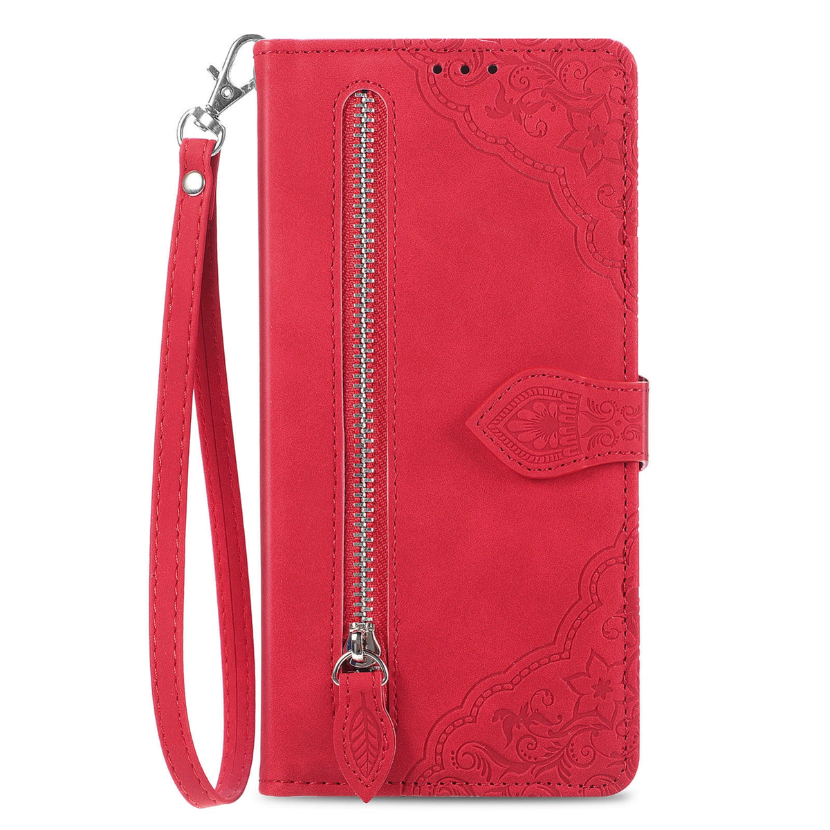ELECTROPRIME For iPhone 15 Embossed Flower Zipper Leather Phone Case(Red)