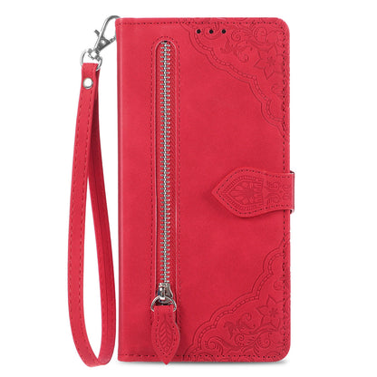 ELECTROPRIME For iPhone 15 Embossed Flower Zipper Leather Phone Case(Red)