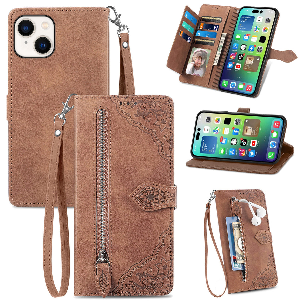 ELECTROPRIME For iPhone 15 Embossed Flower Zipper Leather Phone Case(Brown)