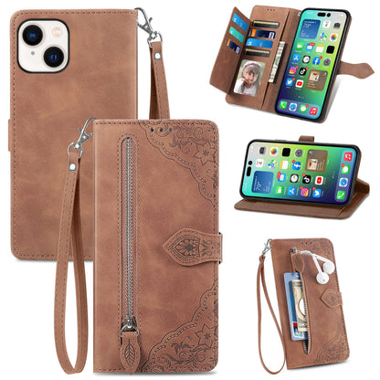 ELECTROPRIME For iPhone 15 Embossed Flower Zipper Leather Phone Case(Brown)