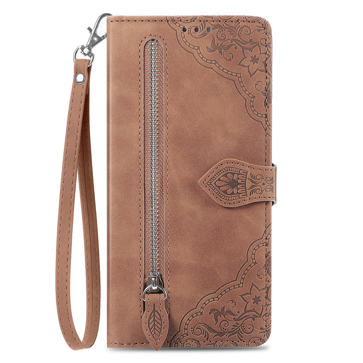 ELECTROPRIME For iPhone 15 Embossed Flower Zipper Leather Phone Case(Brown)