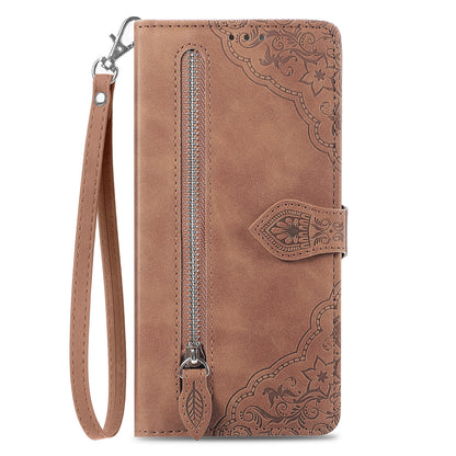ELECTROPRIME For iPhone 15 Embossed Flower Zipper Leather Phone Case(Brown)