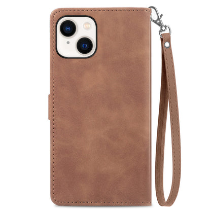 ELECTROPRIME For iPhone 15 Embossed Flower Zipper Leather Phone Case(Brown)