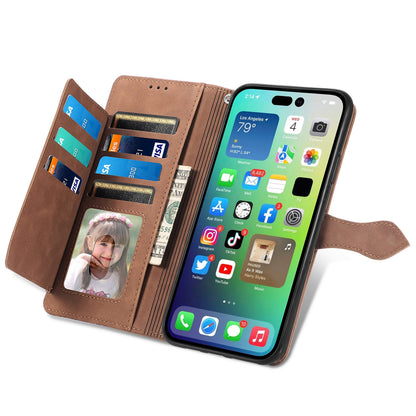 ELECTROPRIME For iPhone 15 Embossed Flower Zipper Leather Phone Case(Brown)