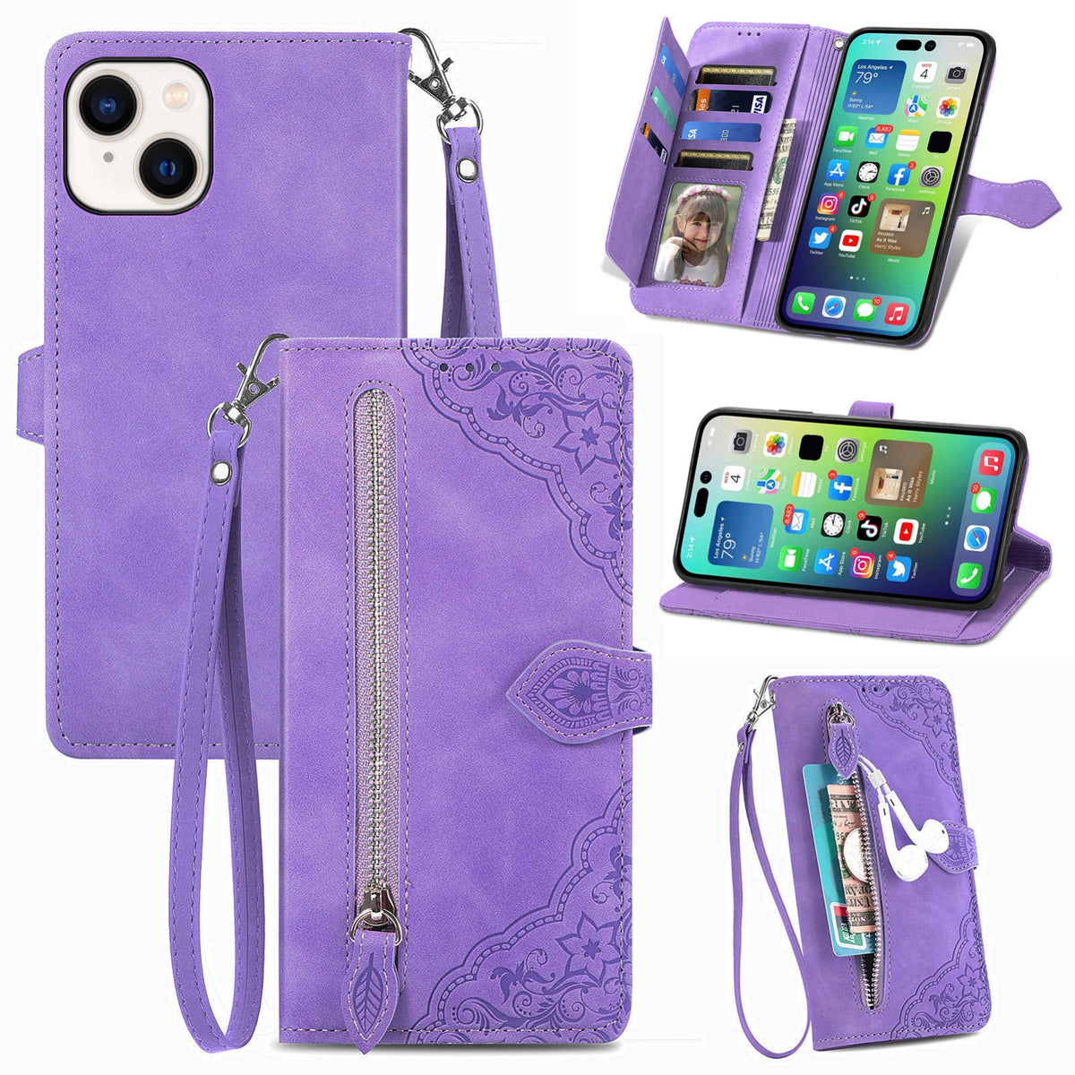 ELECTROPRIME For iPhone 15 Embossed Flower Zipper Leather Phone Case(Purple)