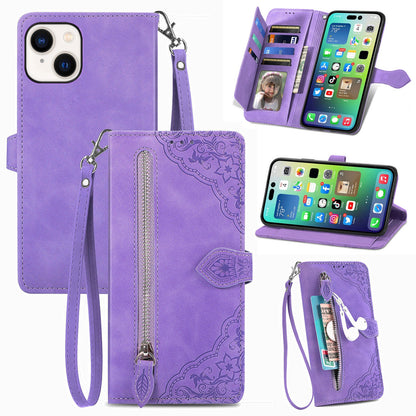 ELECTROPRIME For iPhone 15 Embossed Flower Zipper Leather Phone Case(Purple)
