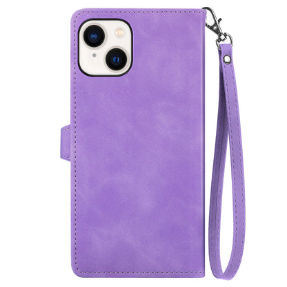 ELECTROPRIME For iPhone 15 Embossed Flower Zipper Leather Phone Case(Purple)