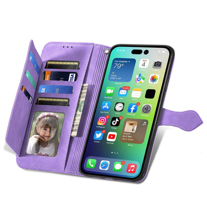 ELECTROPRIME For iPhone 15 Embossed Flower Zipper Leather Phone Case(Purple)