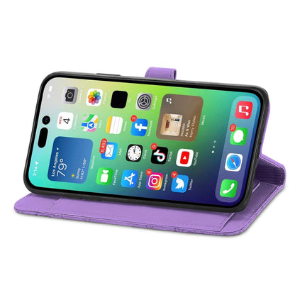 ELECTROPRIME For iPhone 15 Embossed Flower Zipper Leather Phone Case(Purple)