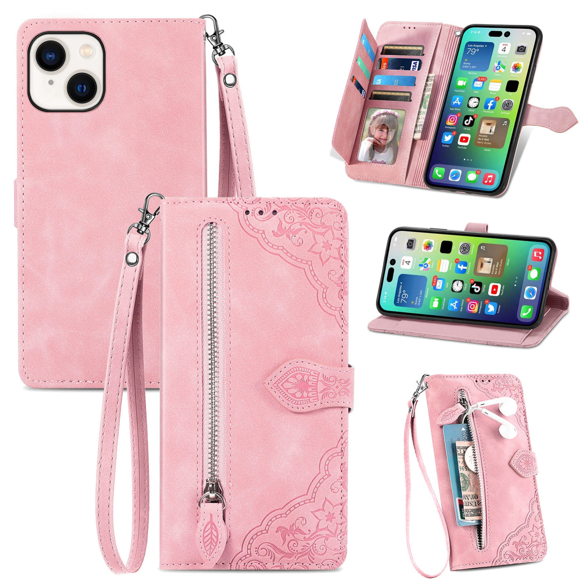 ELECTROPRIME For iPhone 15 Plus Embossed Flower Zipper Leather Phone Case(Pink)