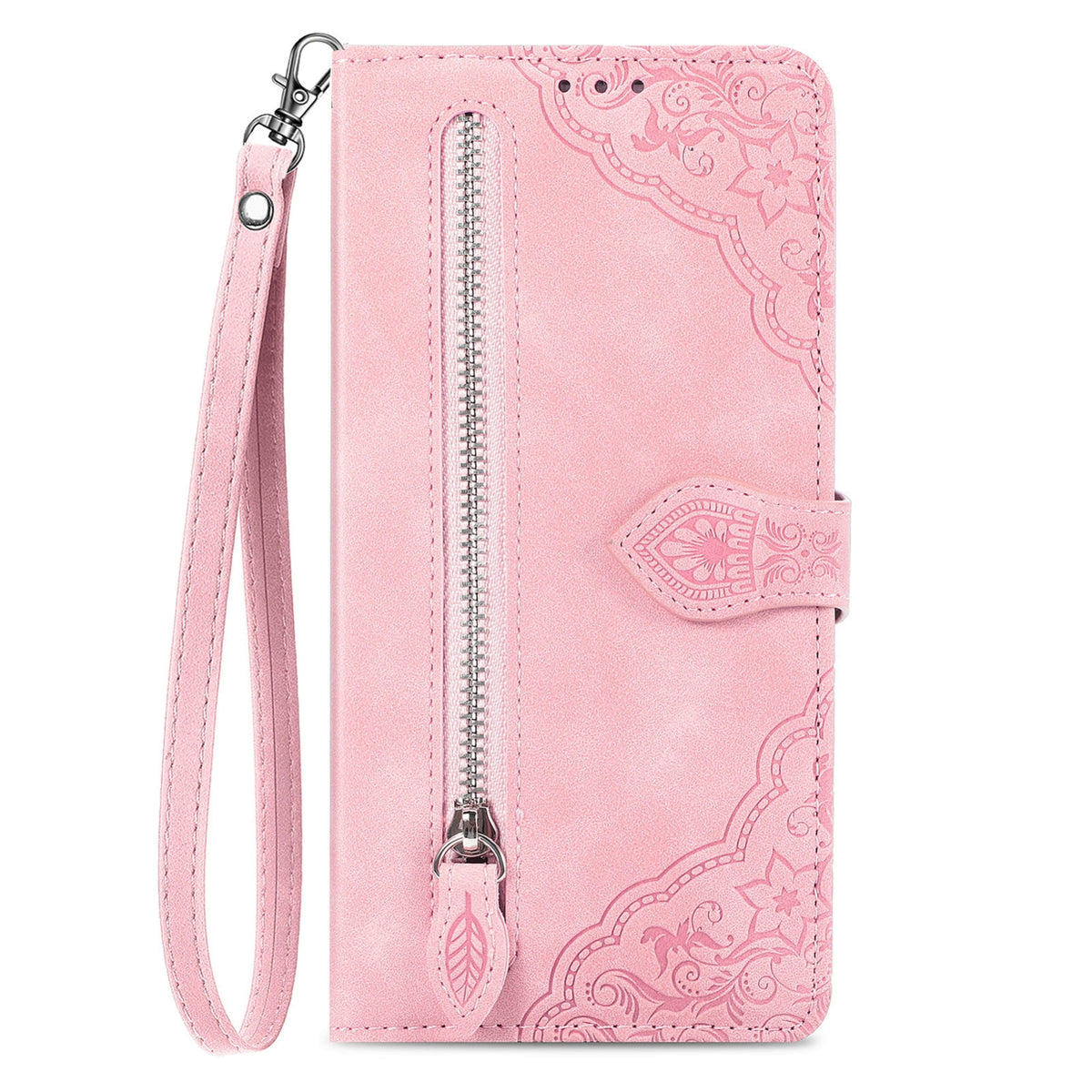 ELECTROPRIME For iPhone 15 Plus Embossed Flower Zipper Leather Phone Case(Pink)