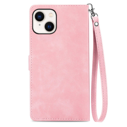 ELECTROPRIME For iPhone 15 Plus Embossed Flower Zipper Leather Phone Case(Pink)