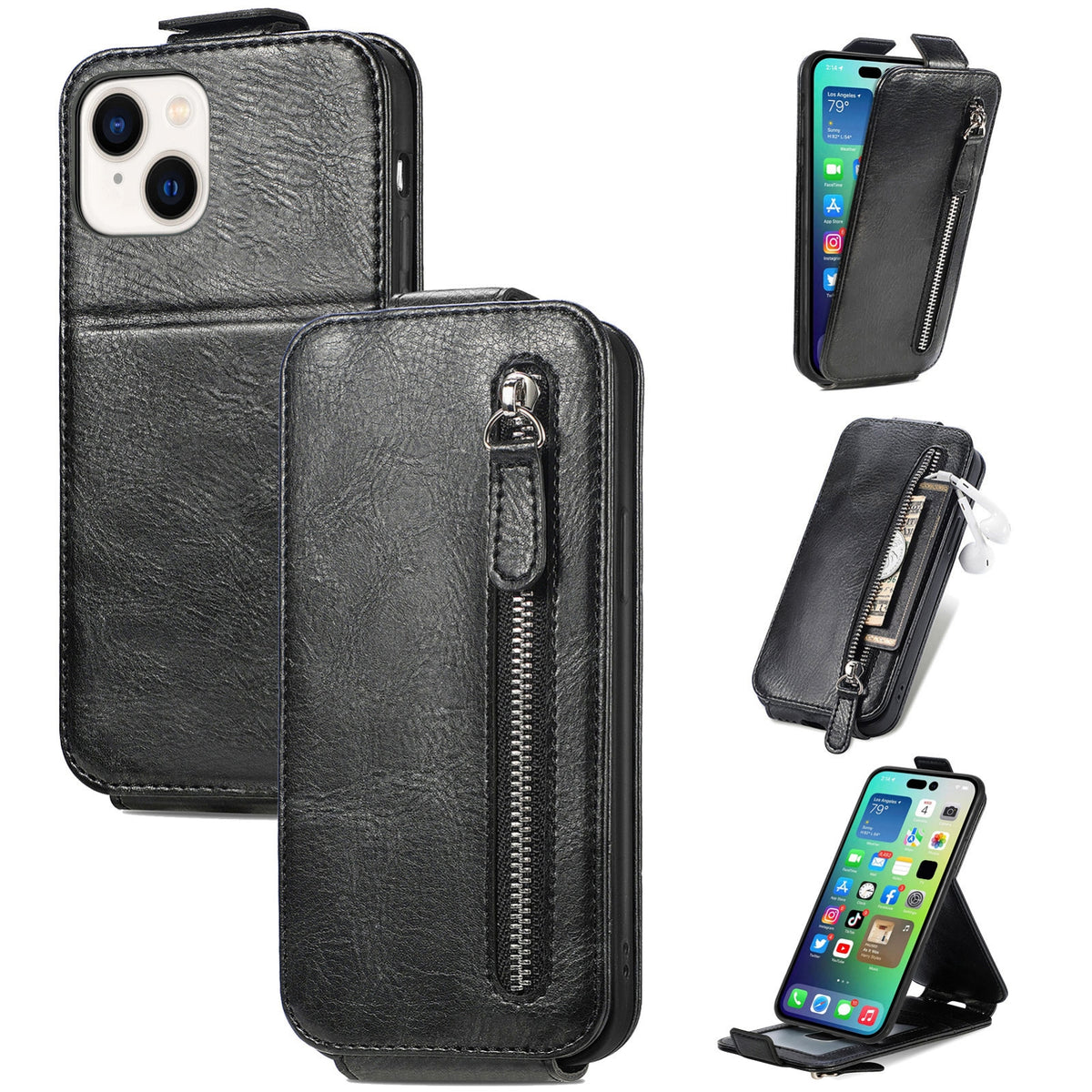 ELECTROPRIME For iPhone 15 Zipper Wallet Vertical Flip Leather Phone Case(Black)