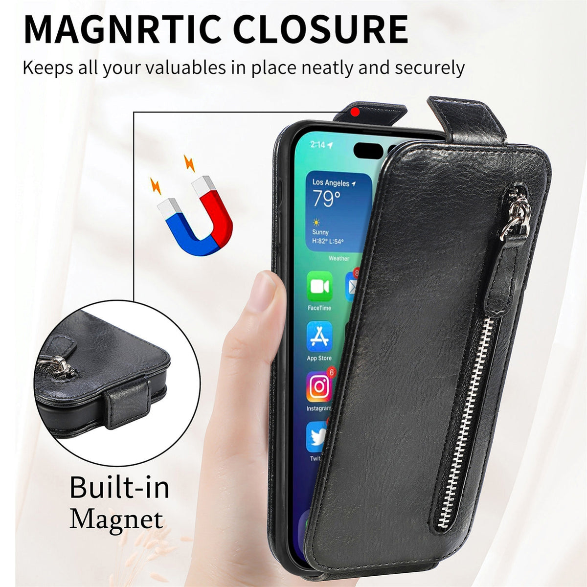 ELECTROPRIME For iPhone 15 Zipper Wallet Vertical Flip Leather Phone Case(Black)