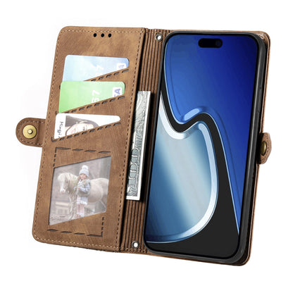 ELECTROPRIME For iPhone 15 Geometric Zipper Wallet Side Buckle Leather Phone Case(Brown)