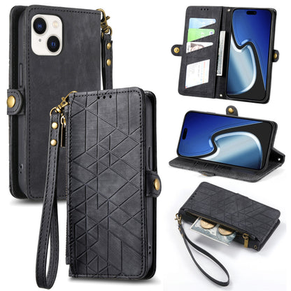 ELECTROPRIME For iPhone 15 Geometric Zipper Wallet Side Buckle Leather Phone Case(Black)