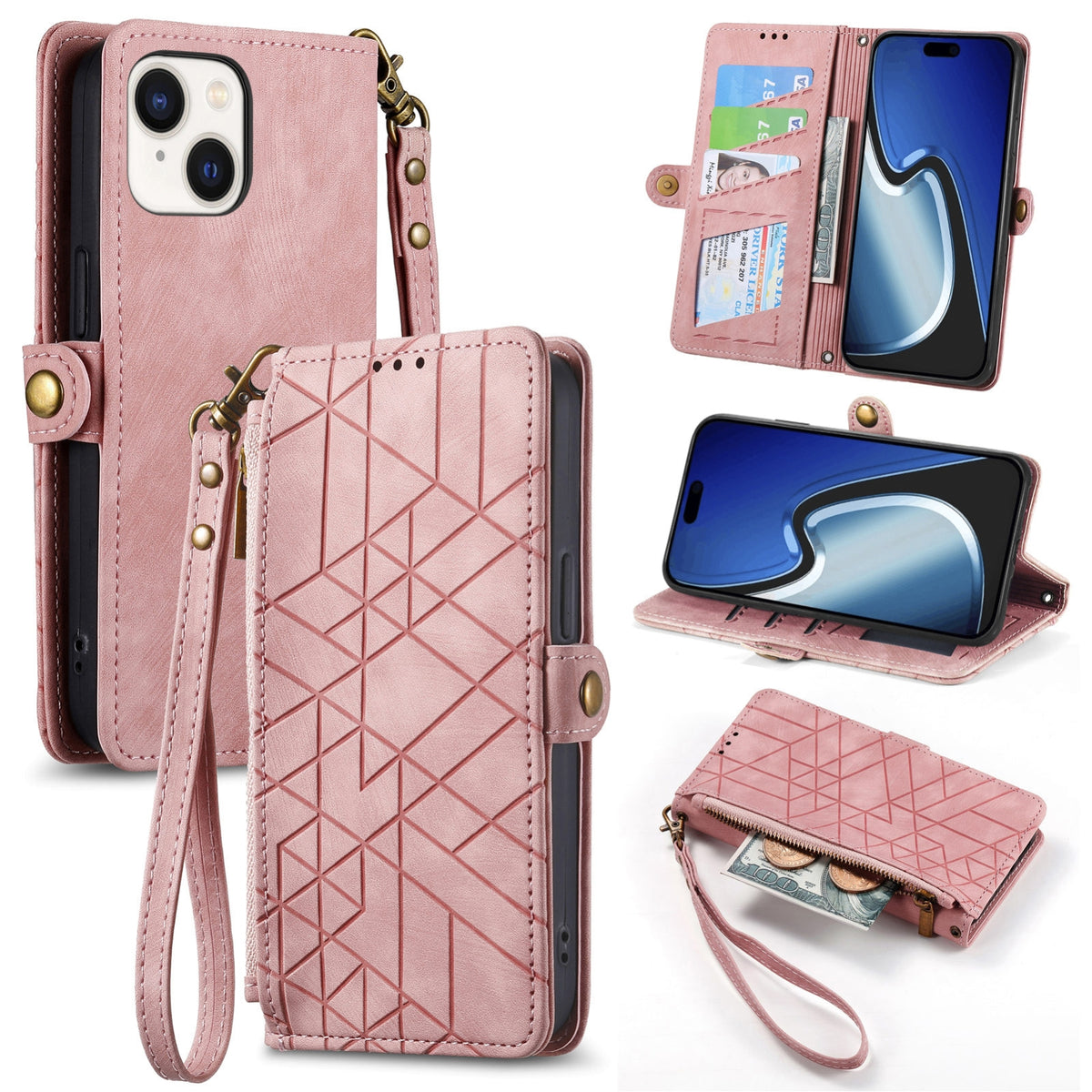 ELECTROPRIME For iPhone 15 Geometric Zipper Wallet Side Buckle Leather Phone Case(Pink)