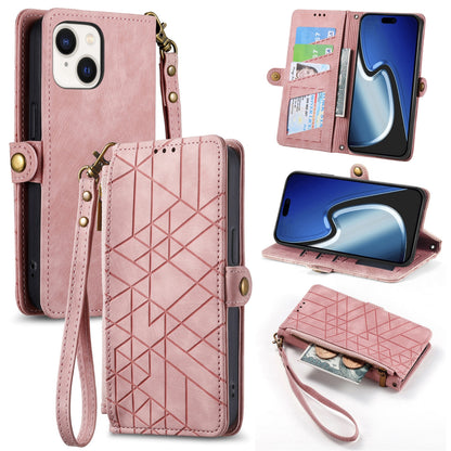 ELECTROPRIME For iPhone 15 Geometric Zipper Wallet Side Buckle Leather Phone Case(Pink)