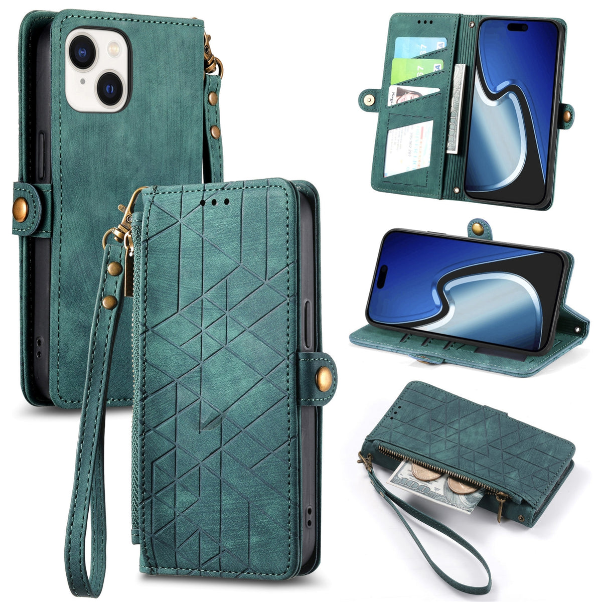 ELECTROPRIME For iPhone 15 Geometric Zipper Wallet Side Buckle Leather Phone Case(Green)