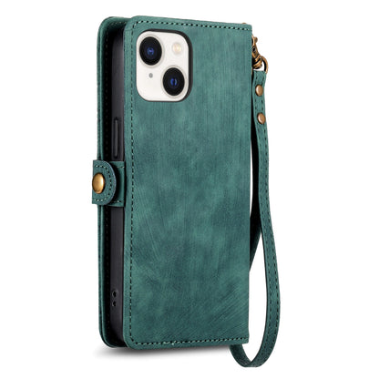 ELECTROPRIME For iPhone 15 Geometric Zipper Wallet Side Buckle Leather Phone Case(Green)