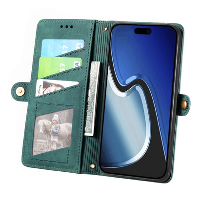 ELECTROPRIME For iPhone 15 Geometric Zipper Wallet Side Buckle Leather Phone Case(Green)