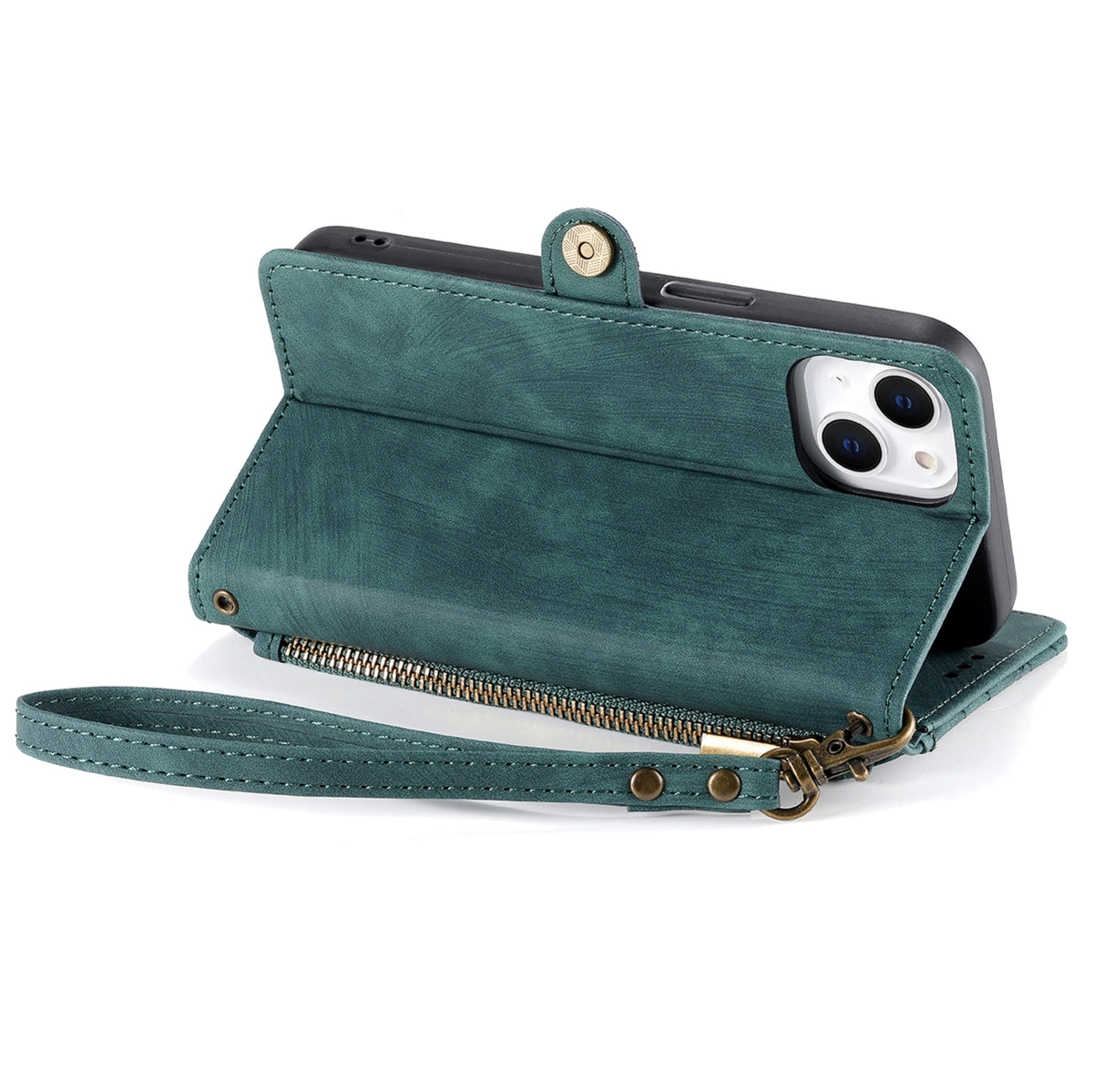 ELECTROPRIME For iPhone 15 Geometric Zipper Wallet Side Buckle Leather Phone Case(Green)