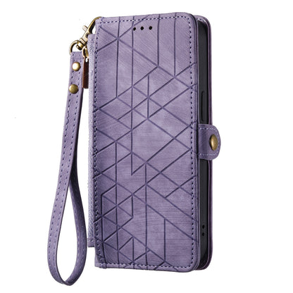 ELECTROPRIME For iPhone 15 Plus Geometric Zipper Wallet Side Buckle Leather Phone Case(Purple)