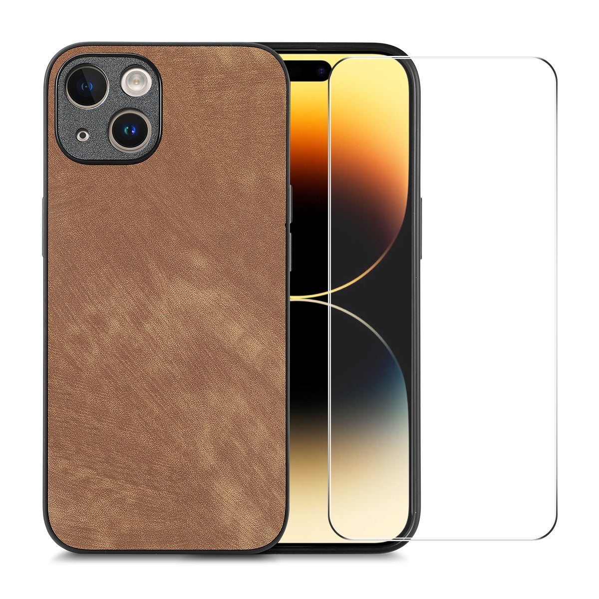 ELECTROPRIME For iPhone 15 ENKAY Retro Leather Skin PC Phone Case with High Aluminum-silicon Glass Film(Brown)