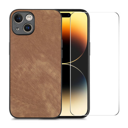 ELECTROPRIME For iPhone 15 ENKAY Retro Leather Skin PC Phone Case with High Aluminum-silicon Glass Film(Brown)