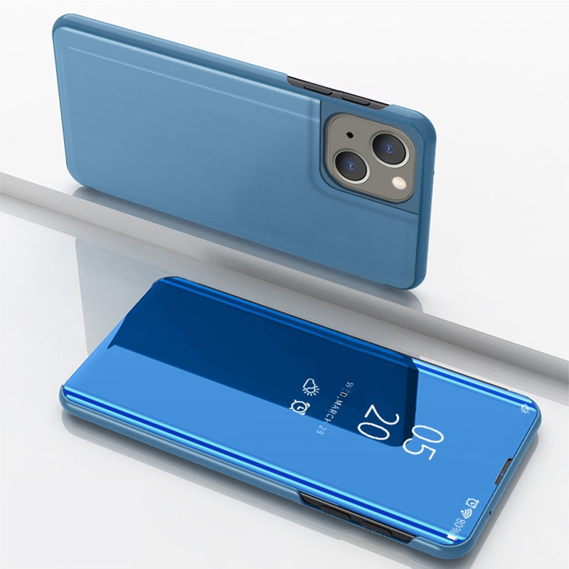 ELECTROPRIME For iPhone 15 Plus Plated Mirror Horizontal Flip Leather Phone Case with Holder(Blue)