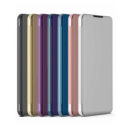 ELECTROPRIME For iPhone 15 Plus Plated Mirror Horizontal Flip Leather Phone Case with Holder(Blue)