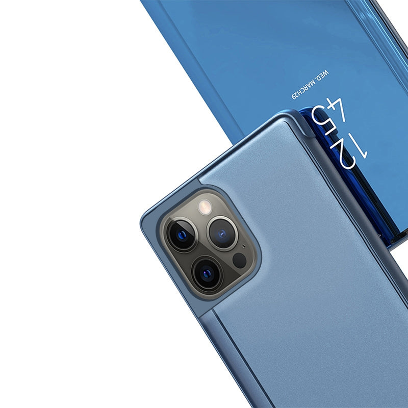 ELECTROPRIME For iPhone 15 Plus Plated Mirror Horizontal Flip Leather Phone Case with Holder(Blue)