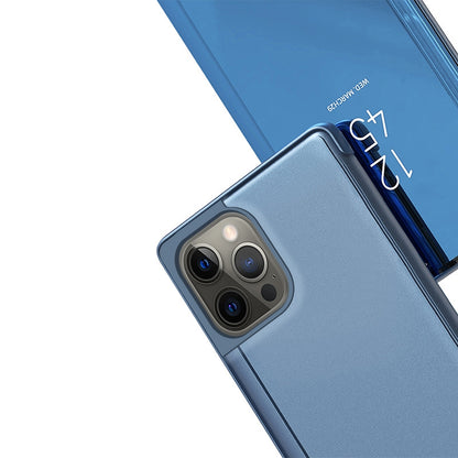 ELECTROPRIME For iPhone 15 Plus Plated Mirror Horizontal Flip Leather Phone Case with Holder(Blue)