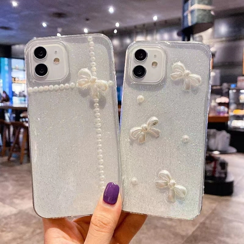 ELECTROPRIME For iPhone 15 Pearl Bow Glitter Epoxy TPU Phone Case(Cross Knots)